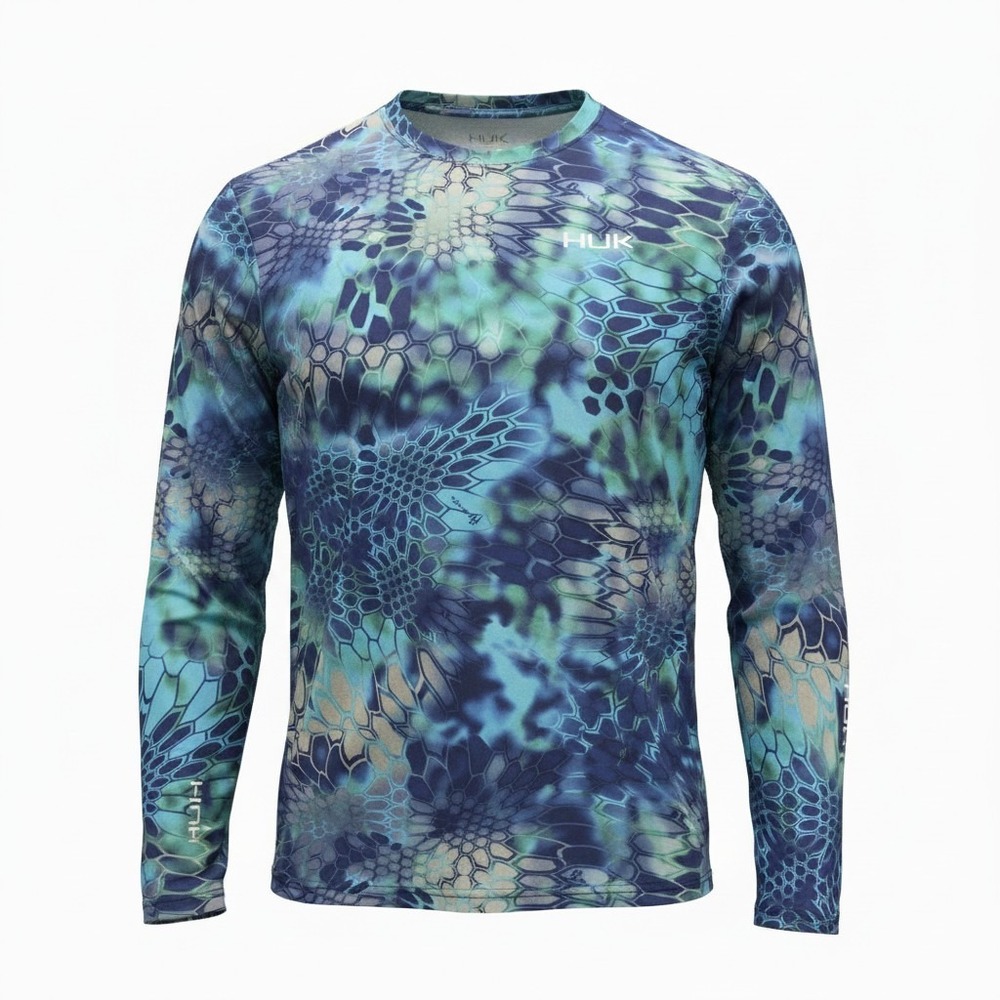 Fishing Shirt‎ Huk Size M Mens Blue Excellent Long Sleeve Kryptek Pontus Camo